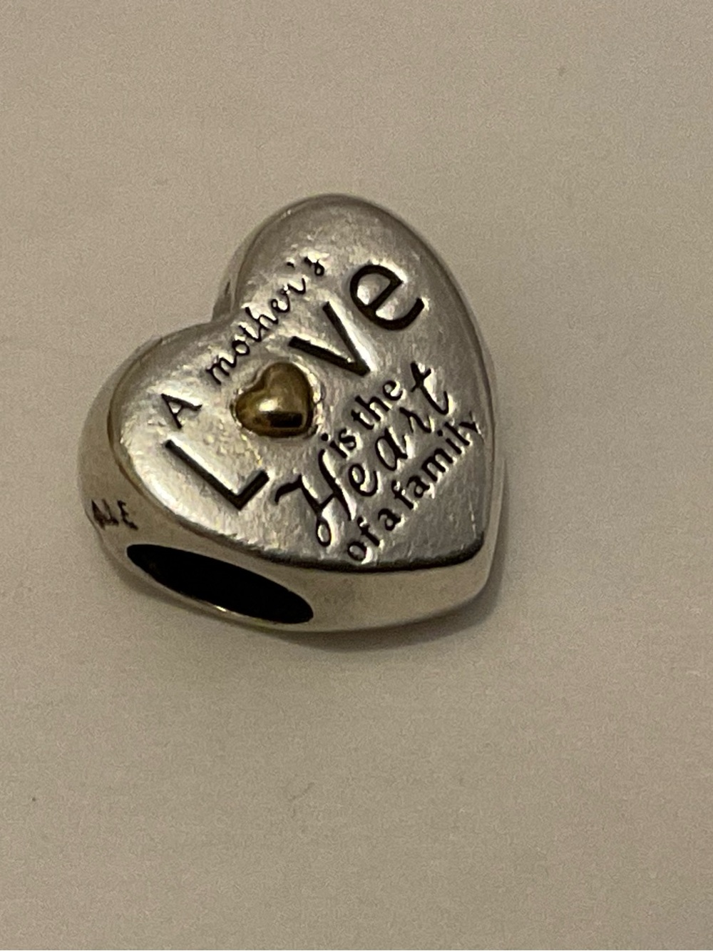 Pandora Silver Heart Charm with 14k Gold Accent - 'A Mother's Love'